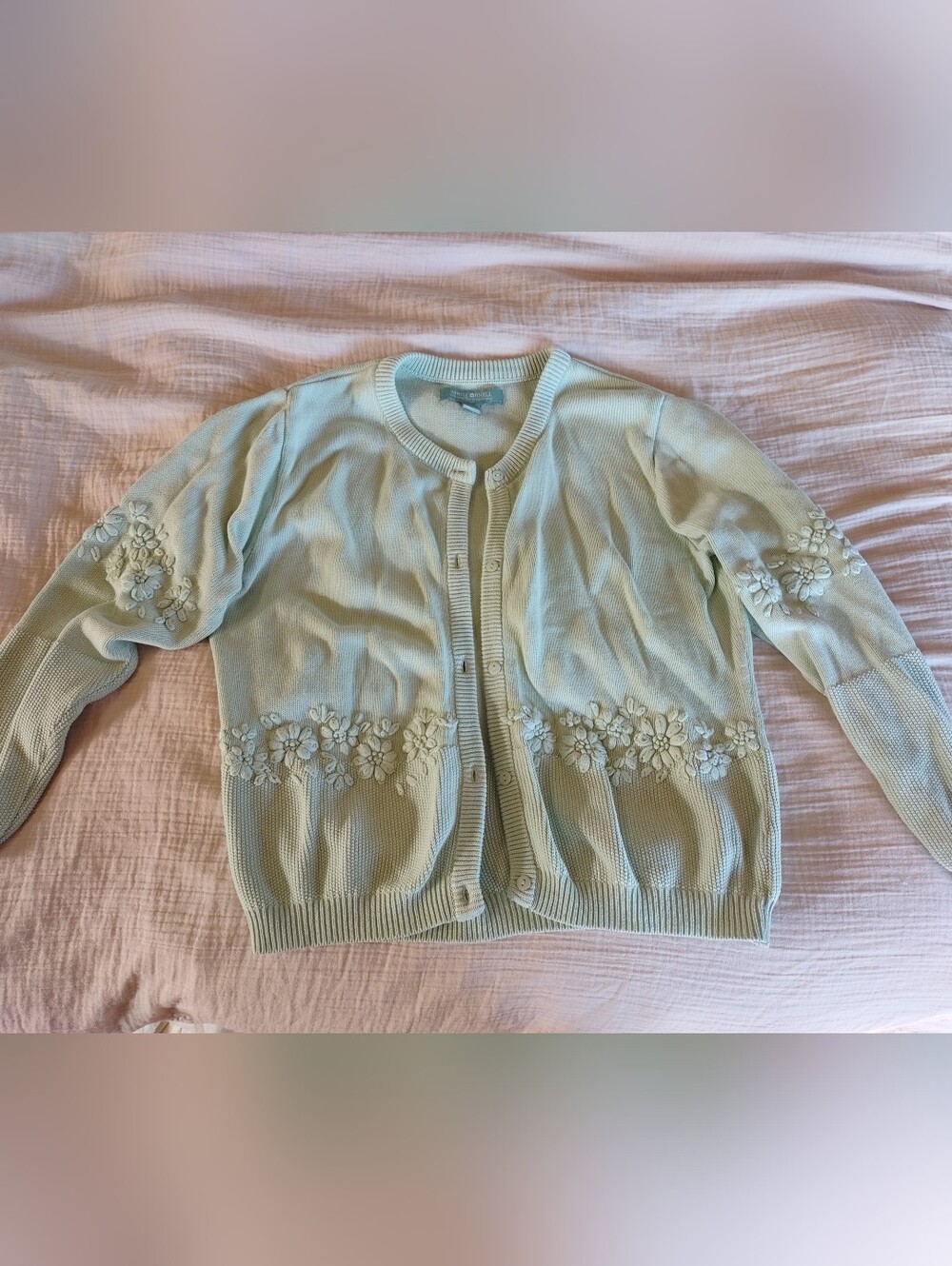 April Cornell Mint Green Embroidered Cotton Sweater